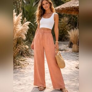 Animale 100% Viscose Peach Paperbag Waist Drawstring Pants Wide Leg Boho Summer